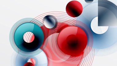 Üst üste binen daireler, parlak renkler ve pürüzsüz gradyanlarla gösterişli vektör tasarımı. Derinliği, simetrisi ve hafif arkaplanda minimalist zarafeti olan dinamik kompozisyon