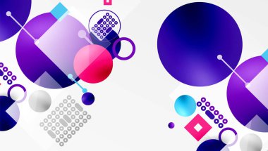 Minimalist soyut vektör tasarımı, katmanlı geometrik şekiller daireler, kareler ve yumuşak pastel eğimli üçgenler ve yarı şeffaf efektler. Çağdaş kullanım için mükemmel