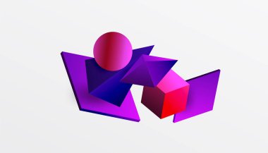 Soyut tasarım izometrik küpleri, piramitleri, kareleri ve küreleri canlı bir 3D düzende sergiliyor. Modern ve dinamik, teknoloji, tasarım veya gelecek temalar için mükemmel