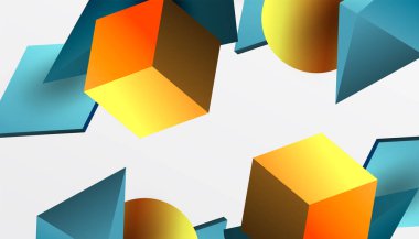 Soyut tasarım izometrik küpleri, piramitleri, kareleri ve küreleri canlı bir 3D düzende sergiliyor. Modern ve dinamik, teknoloji, tasarım veya gelecek temalar için mükemmel