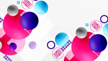 Minimalist soyut vektör tasarımı, katmanlı geometrik şekiller daireler, kareler ve yumuşak pastel eğimli üçgenler ve yarı şeffaf efektler. Çağdaş kullanım için mükemmel