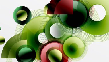 Üst üste binen daireler, parlak renkler ve pürüzsüz gradyanlarla gösterişli vektör tasarımı. Derinliği, simetrisi ve hafif arkaplanda minimalist zarafeti olan dinamik kompozisyon