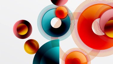 Üst üste binen dairelerin, düzgün eğimli ve şeffaflık efektli soyut bileşimi. Temiz ve modern tasarım derinliği, simetriyi ve asgari estetiği vurguluyor