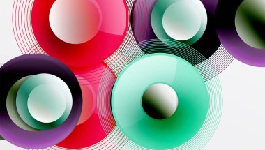 Üst üste binen daireler, parlak renkler ve pürüzsüz gradyanlarla gösterişli vektör tasarımı. Derinliği, simetrisi ve hafif arkaplanda minimalist zarafeti olan dinamik kompozisyon