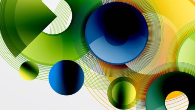 Üst üste binen dairelerin, düzgün eğimli ve şeffaflık efektli soyut bileşimi. Temiz ve modern tasarım derinliği, simetriyi ve asgari estetiği vurguluyor