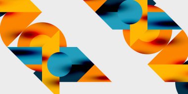 Dairelerin, yarım dairelerin ve parlak efektli ve düzgün eğimli üçgenlerin detaylı bileşimi. Yaratıcı ve teknolojiden ilham alan projeler için parlak ve modern bir vektör tasarımı