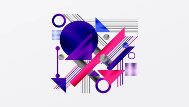 Kalın Şekiller ve Karşıt Renklerle Geometrik Soyut Arkaplan. Çemberler, üçgenler, kareler ve çizgiler gölge etkisiyle