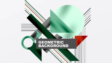 Geometric Abstract Background with Bold Shapes and Contrasting Colors. Circles, triangles, squares and lines with shadow effect clipart