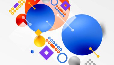 Minimalist soyut vektör tasarımı, katmanlı geometrik şekiller daireler, kareler ve yumuşak pastel eğimli üçgenler ve yarı şeffaf efektler. Çağdaş kullanım için mükemmel