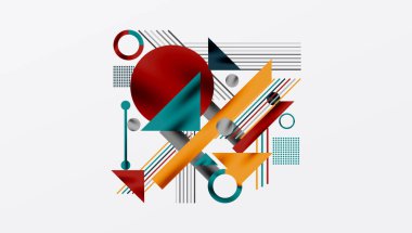 Kalın Şekiller ve Karşıt Renklerle Geometrik Soyut Arkaplan. Çemberler, üçgenler, kareler ve çizgiler gölge etkisiyle