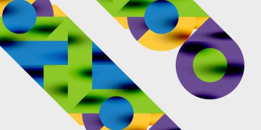 Dairelerin, yarım dairelerin ve parlak efektli ve düzgün eğimli üçgenlerin detaylı bileşimi. Yaratıcı ve teknolojiden ilham alan projeler için parlak ve modern bir vektör tasarımı