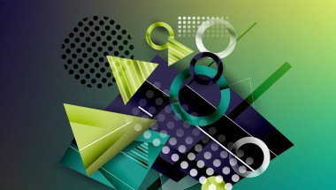 Soyut arkaplan - üst üste binen daireler, dikdörtgenler, ve yüksek eğimli üçgenler. Yarı saydam şekiller derinlik ve denge yaratır