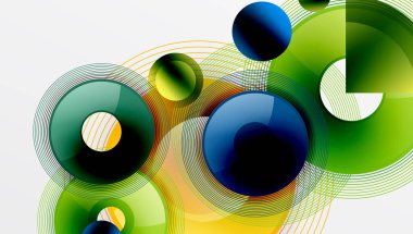 Üst üste binen dairelerin, düzgün eğimli ve şeffaflık efektli soyut bileşimi. Temiz ve modern tasarım derinliği, simetriyi ve asgari estetiği vurguluyor