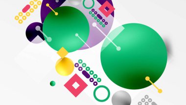 Minimalist soyut vektör tasarımı, katmanlı geometrik şekiller daireler, kareler ve yumuşak pastel eğimli üçgenler ve yarı şeffaf efektler. Çağdaş kullanım için mükemmel