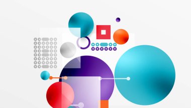 Minimalist soyut vektör tasarımı, katmanlı geometrik şekiller daireler, kareler ve yumuşak pastel eğimli üçgenler ve yarı şeffaf efektler. Çağdaş kullanım için mükemmel