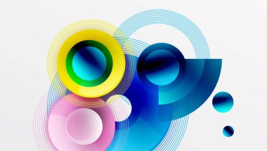 Üst üste binen daireler, parlak renkler ve pürüzsüz gradyanlarla gösterişli vektör tasarımı. Derinliği, simetrisi ve hafif arkaplanda minimalist zarafeti olan dinamik kompozisyon