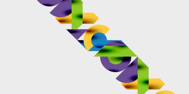 Dairelerin, yarım dairelerin ve parlak efektli ve düzgün eğimli üçgenlerin detaylı bileşimi. Yaratıcı ve teknolojiden ilham alan projeler için parlak ve modern bir vektör tasarımı