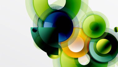 Üst üste binen dairelerin, düzgün eğimli ve şeffaflık efektli soyut bileşimi. Temiz ve modern tasarım derinliği, simetriyi ve asgari estetiği vurguluyor