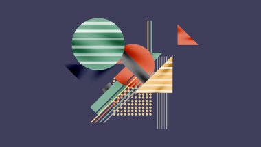 Kalın Şekiller ve Karşıt Renklerle Geometrik Soyut Arkaplan. Çemberler, üçgenler, kareler ve çizgiler gölge etkisiyle