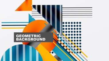 Geometric Abstract Background with Bold Shapes and Contrasting Colors. Circles, triangles, squares and lines with shadow effect clipart