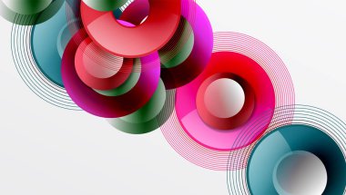 Üst üste binen dairelerin, düzgün eğimli ve şeffaflık efektli soyut bileşimi. Temiz ve modern tasarım derinliği, simetriyi ve asgari estetiği vurguluyor