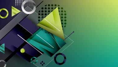 Soyut arkaplan - üst üste binen daireler, dikdörtgenler, ve yüksek eğimli üçgenler. Yarı saydam şekiller derinlik ve denge yaratır