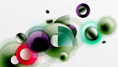 Üst üste binen daireler, parlak renkler ve pürüzsüz gradyanlarla gösterişli vektör tasarımı. Derinliği, simetrisi ve hafif arkaplanda minimalist zarafeti olan dinamik kompozisyon