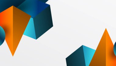 Soyut tasarım izometrik küpleri, piramitleri, kareleri ve küreleri canlı bir 3D düzende sergiliyor. Modern ve dinamik, teknoloji, tasarım veya gelecek temalar için mükemmel