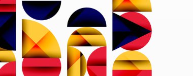 Çemberler ve üçgenlerin kesiştiği soyut geometrik desen. Yüksek kontrastlı kompozisyon derinlik yaratır ve dinamik, modern estetik