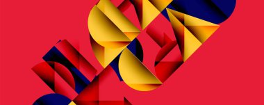 Çemberler ve üçgenlerin kesiştiği soyut geometrik desen. Yüksek kontrastlı kompozisyon derinlik yaratır ve dinamik, modern estetik