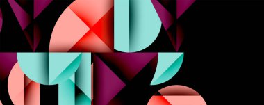 Katmanlı gradyan şekilli soyut geometrik arkaplan dinamik desenler oluşturuyor. Üst üste binen yarı daireler ve üçgenler derinlik ve karşıtlık yaratır