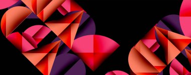 Katmanlı gradyan şekilli soyut geometrik arkaplan dinamik desenler oluşturuyor. Üst üste binen yarı daireler ve üçgenler derinlik ve karşıtlık yaratır