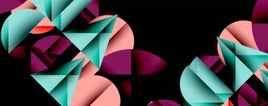 Katmanlı gradyan şekilli soyut geometrik arkaplan dinamik desenler oluşturuyor. Üst üste binen yarı daireler ve üçgenler derinlik ve karşıtlık yaratır