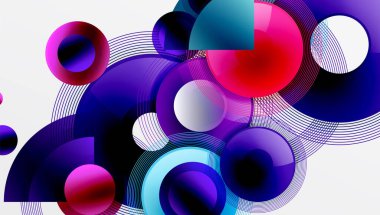 Üst üste binen daireler, parlak renkler ve pürüzsüz gradyanlarla gösterişli vektör tasarımı. Derinliği, simetrisi ve hafif arkaplanda minimalist zarafeti olan dinamik kompozisyon