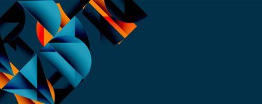 Katmanlı gradyan şekilli soyut geometrik arkaplan dinamik desenler oluşturuyor. Üst üste binen yarı daireler ve üçgenler derinlik ve karşıtlık yaratır