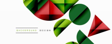 Katmanlı gradyan şekilli soyut geometrik arkaplan dinamik desenler oluşturuyor. Üst üste binen yarı daireler ve üçgenler derinlik ve karşıtlık yaratır