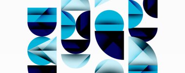 Katmanlı gradyan şekilli soyut geometrik arkaplan dinamik desenler oluşturuyor. Üst üste binen yarı daireler ve üçgenler derinlik ve karşıtlık yaratır