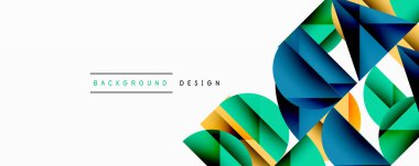 Katmanlı gradyan şekilli soyut geometrik arkaplan dinamik desenler oluşturuyor. Üst üste binen yarı daireler ve üçgenler derinlik ve karşıtlık yaratır