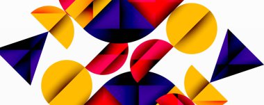 Katmanlı gradyan şekilli soyut geometrik arkaplan dinamik desenler oluşturuyor. Üst üste binen yarı daireler ve üçgenler derinlik ve karşıtlık yaratır