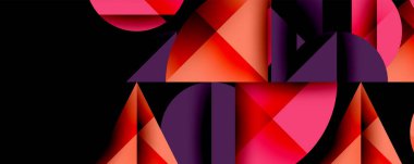 Katmanlı gradyan şekilli soyut geometrik arkaplan dinamik desenler oluşturuyor. Üst üste binen yarı daireler ve üçgenler derinlik ve karşıtlık yaratır