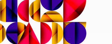 Katmanlı gradyan şekilli soyut geometrik arkaplan dinamik desenler oluşturuyor. Üst üste binen yarı daireler ve üçgenler derinlik ve karşıtlık yaratır