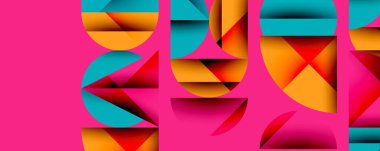 Çemberler ve üçgenlerin kesiştiği soyut geometrik desen. Yüksek kontrastlı kompozisyon derinlik yaratır ve dinamik, modern estetik