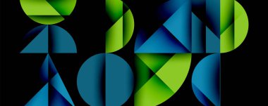 Çemberler ve üçgenlerin kesiştiği soyut geometrik desen. Yüksek kontrastlı kompozisyon derinlik yaratır ve dinamik, modern estetik