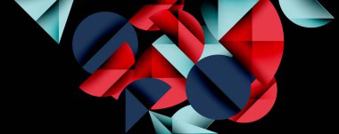 Katmanlı gradyan şekilli soyut geometrik arkaplan dinamik desenler oluşturuyor. Üst üste binen yarı daireler ve üçgenler derinlik ve karşıtlık yaratır