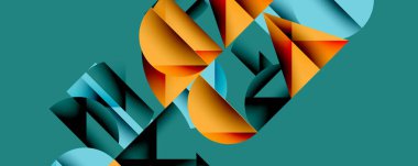 Katmanlı gradyan şekilli soyut geometrik arkaplan dinamik desenler oluşturuyor. Üst üste binen yarı daireler ve üçgenler derinlik ve karşıtlık yaratır