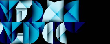 Katmanlı gradyan şekilli soyut geometrik arkaplan dinamik desenler oluşturuyor. Üst üste binen yarı daireler ve üçgenler derinlik ve karşıtlık yaratır