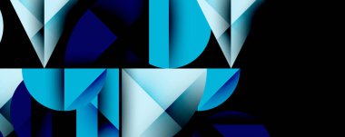 Katmanlı gradyan şekilli soyut geometrik arkaplan dinamik desenler oluşturuyor. Üst üste binen yarı daireler ve üçgenler derinlik ve karşıtlık yaratır