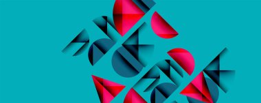 Katmanlı gradyan şekilli soyut geometrik arkaplan dinamik desenler oluşturuyor. Üst üste binen yarı daireler ve üçgenler derinlik ve karşıtlık yaratır