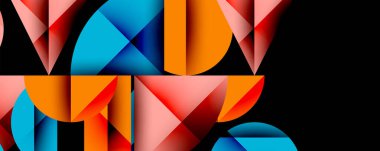 Çemberler ve üçgenlerin kesiştiği soyut geometrik desen. Yüksek kontrastlı kompozisyon derinlik yaratır ve dinamik, modern estetik