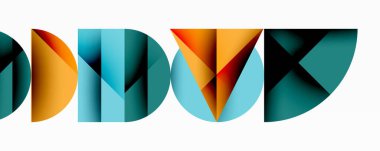 Katmanlı gradyan şekilli soyut geometrik arkaplan dinamik desenler oluşturuyor. Üst üste binen yarı daireler ve üçgenler derinlik ve karşıtlık yaratır